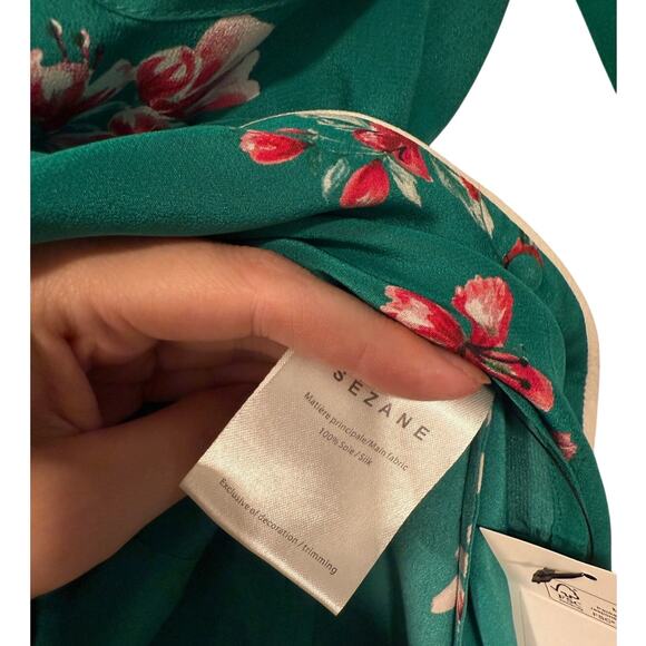 Sezane 4 Elisa 100% Silk Pajama Blouse Floral White Piping Covered Buttons Green - Picture 6 of 8